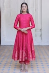 Safaa_Pink Moonga Silk Woven Peony Fleur Butti Round Neck Reza Anarkali Pant Set_Online_at_Aza_Fashions