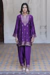 Safaa_Purple Vegan Silk Woven Jasmine Flora Notched Mahenoor Kurta Pant Set_Online_at_Aza_Fashions