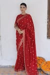 Buy_Safaa_Red Moonga Silk Woven Brazen Damask Closed Round Mehran Saree With Blouse_at_Aza_Fashions