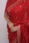 Shop_Safaa_Red Moonga Silk Woven Brazen Damask Closed Round Mehran Saree With Blouse_Online_at_Aza_Fashions