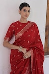 Safaa_Red Moonga Silk Woven Brazen Damask Closed Round Mehran Saree With Blouse_at_Aza_Fashions