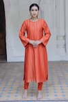 Safaa_Orange Moonga Silk Woven Striped Gladioulus Vine Round Neck Amina Kurta Set_Online_at_Aza_Fashions