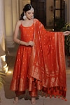 Safaa_Orange Moonga Silk Woven Carnation Bloom Scoop Neck Behnaaz Anarkali Pant Set_Online_at_Aza_Fashions