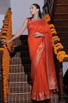 Shop_Safaa_Orange Moonga Silk Woven Paisley Philia V Neck Niaz Border Saree With Blouse_at_Aza_Fashions