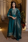 Buy_Safaa_Blue Moonga Silk Woven Florence Notched Ruzbeh Kurta Pant Set_at_Aza_Fashions