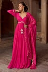 Buy_Sonal Pasrija_Fuchsia Georgette Embroidered Leaf Anarkali With Scallop Border Dupatta _at_Aza_Fashions