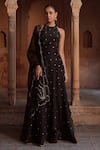 Buy_Sonal Pasrija_Black Silk Embellished Halter Neck Anarkali With Dupatta _at_Aza_Fashions