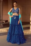 Buy_Sonal Pasrija_Blue Silk, Organza, Georgette Sequins, Beads V-neck Frill Tiered Lehenga Set _at_Aza_Fashions
