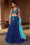 Sonal Pasrija_Blue Silk, Organza, Georgette Sequins, Beads V-neck Frill Tiered Lehenga Set _Online_at_Aza_Fashions