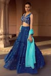 Buy_Sonal Pasrija_Blue Silk, Organza, Georgette Sequins, Beads V-neck Frill Tiered Lehenga Set _Online_at_Aza_Fashions