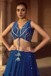 Shop_Sonal Pasrija_Blue Silk, Organza, Georgette Sequins, Beads V-neck Frill Tiered Lehenga Set _Online_at_Aza_Fashions