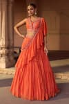 Buy_Sonal Pasrija_Orange Silk, Georgette, Lurex Embroidery V-neck Floral Gathered Lehenga Set _at_Aza_Fashions
