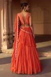 Shop_Sonal Pasrija_Orange Silk, Georgette, Lurex Embroidery V-neck Floral Gathered Lehenga Set _at_Aza_Fashions