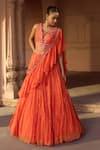Sonal Pasrija_Orange Silk, Georgette, Lurex Embroidery V-neck Floral Gathered Lehenga Set _Online_at_Aza_Fashions
