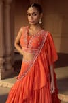 Buy_Sonal Pasrija_Orange Silk, Georgette, Lurex Embroidery V-neck Floral Gathered Lehenga Set _Online_at_Aza_Fashions