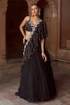 Buy_Sonal Pasrija_Black Silk, Organza, Georgette Embroidery V-neck Cutwork Gathered Lehenga Set _at_Aza_Fashions