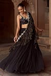 Sonal Pasrija_Black Silk, Organza, Georgette Embroidery V-neck Cutwork Gathered Lehenga Set _Online_at_Aza_Fashions