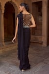 Shop_Sonal Pasrija_Black Silk Embroidered V Neck Pre-draped Saree With Blouse _at_Aza_Fashions