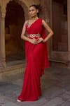 Buy_Sonal Pasrija_Red Silk Embroidered Scoop Solid Pre-draped Saree With Blouse _at_Aza_Fashions