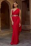 Sonal Pasrija_Red Silk Embroidered Scoop Solid Pre-draped Saree With Blouse _Online_at_Aza_Fashions