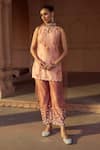 Buy_Sonal Pasrija_Beige Silk Tie-dye Cut Dana Tie Dye Prism Beads Embroidered Kurta Palazzo Set _at_Aza_Fashions