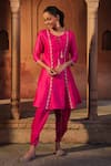 Buy_Sonal Pasrija_Pink Chanderi Scallop Fleur Embellished Kalidaar Short Kurta With Tulip Pant _at_Aza_Fashions