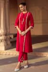Sonal Pasrija_Red Silk Embroidery Beads Rafflesia Bloom Embellished A-line Kurta With Pant_Online_at_Aza_Fashions