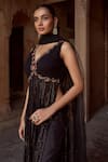 Buy_Sonal Pasrija_Black Silk Embroidery Beads V Neck Acanthus Bloom High Side Slit Kurta Pant Set _Online_at_Aza_Fashions