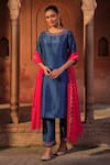 Buy_Sonal Pasrija_Blue Silk Embroidery Beads Round Neck Ditsy Fleur Kurta Pant Set _at_Aza_Fashions