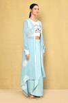 Buy_Naintara Bajaj_Blue Skirt And Top Satin Embroidered Sequin Round Longline Jacket Draped Set