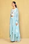 Shop_Naintara Bajaj_Blue Skirt And Top Satin Embroidered Sequin Round Longline Jacket Draped Set