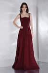 Buy_Ozeqo_Maroon Neoprene Plain Inverted Sweetheart Neck Fleur Panelled High Slit Gown _at_Aza_Fashions