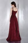 Shop_Ozeqo_Maroon Neoprene Plain Inverted Sweetheart Neck Fleur Panelled High Slit Gown _at_Aza_Fashions