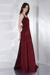 Ozeqo_Maroon Neoprene Plain Inverted Sweetheart Neck Fleur Panelled High Slit Gown _Online_at_Aza_Fashions