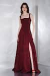 Shop_Ozeqo_Maroon Neoprene Plain Inverted Sweetheart Neck Fleur Panelled High Slit Gown _Online_at_Aza_Fashions