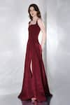 Ozeqo_Maroon Neoprene Plain Inverted Sweetheart Neck Fleur Panelled High Slit Gown _at_Aza_Fashions