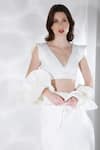 Shop_Ozeqo_Off White Neoprene Plain V Neck Lira Ruffle Layered Skirt Set  _Online_at_Aza_Fashions