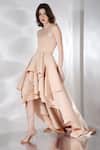 Shop_Ozeqo_Beige Neoprene Plain Dess Sandra High-low Layered Dress With Wrap _Online_at_Aza_Fashions
