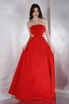 Buy_Ozeqo_Red Neoprene Plain Straight Zinnia Floral Cut Work Gown  _at_Aza_Fashions