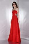 Ozeqo_Red Neoprene Plain Straight Zinnia Floral Cut Work Gown  _Online_at_Aza_Fashions