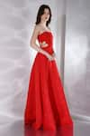 Buy_Ozeqo_Red Neoprene Plain Straight Zinnia Floral Cut Work Gown  _Online_at_Aza_Fashions