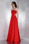 Shop_Ozeqo_Red Neoprene Plain Straight Zinnia Floral Cut Work Gown  _Online_at_Aza_Fashions