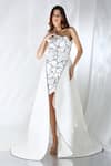 Buy_Ozeqo_Off White Neoprene Embroidery Adeline One Shoulder Dress With Trail  _at_Aza_Fashions