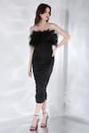 Buy_Ozeqo_Black Lycra Embroidery Feather Straight Alaya Ruched Dress With Wrap  _at_Aza_Fashions