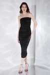 Ozeqo_Black Lycra Embroidery Feather Straight Alaya Ruched Dress With Wrap  _Online_at_Aza_Fashions