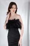 Buy_Ozeqo_Black Lycra Embroidery Feather Straight Alaya Ruched Dress With Wrap  