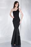 Buy_Ozeqo_Black Neoprene Plain Asymmetric Alizeh One Shoulder Gown  _at_Aza_Fashions