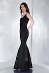 Ozeqo_Black Neoprene Plain Asymmetric Alizeh One Shoulder Gown  _Online_at_Aza_Fashions