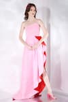 Buy_Ozeqo_Pink Neoprene Plain Asymmetric Azalea Strapless Gown With Bow  _at_Aza_Fashions