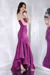 Buy_Ozeqo_Purple Neoprene Plain Straight Bradley Solid Strapless Ruffle Gown  _Online_at_Aza_Fashions